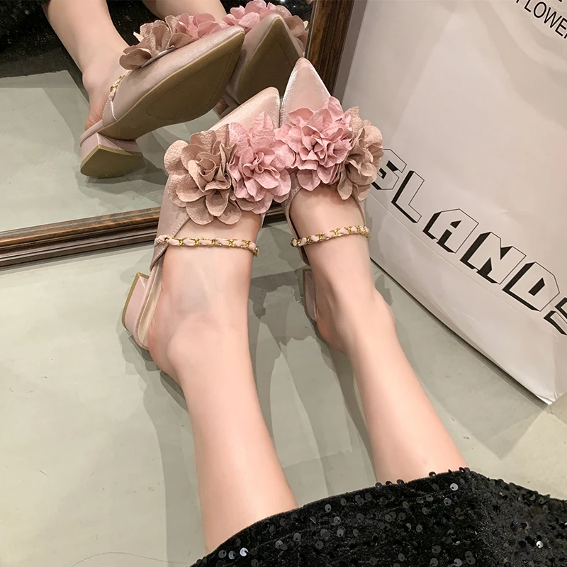 كتلة اللون زهرة عالية الكعب النعال موضة أنيقة مدبب تو كعب سميك النعال الصلبة القوس الصيف الفاخرة أحذية نسائية #3