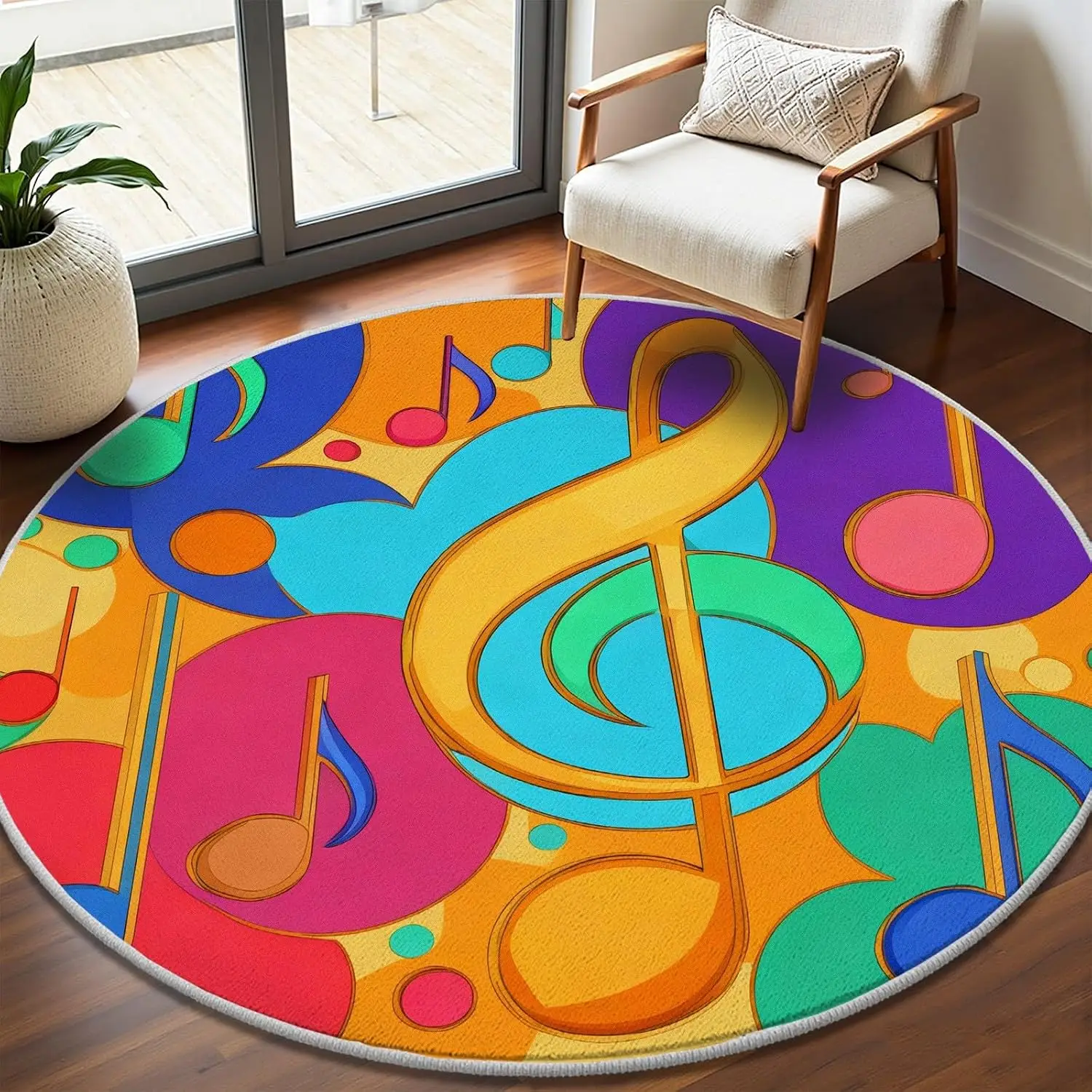 Colorful Abstract Musical Notes Pattern Round Area Rug Polyester Mat for Living Room Hallway Nursery Boho Chic Decorative Floor