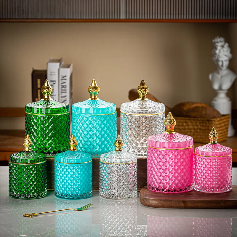 Light Luxury Glass Candy Jar with Lid Colorful Candy Storage Bottle Retro Candy Nut Storage Container Tabletop Craft Decoration