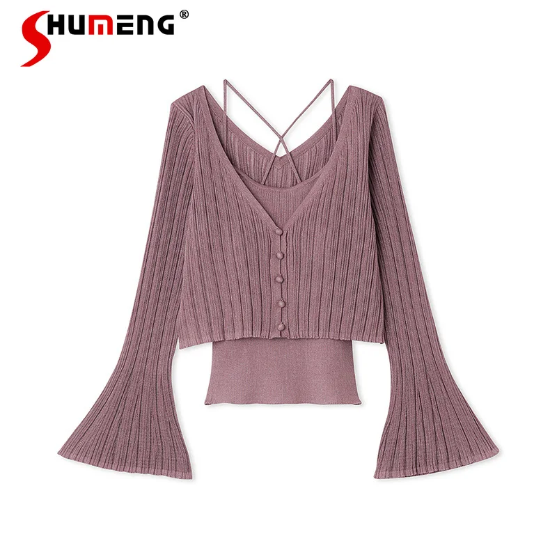 2023 Herfst Nieuwe Zoete Effen Kleur V-Hals Uitlopende Mouwen Cardigan Sling Basic Pak Tweedelige Set Y 2K Dameskleding Accessoires