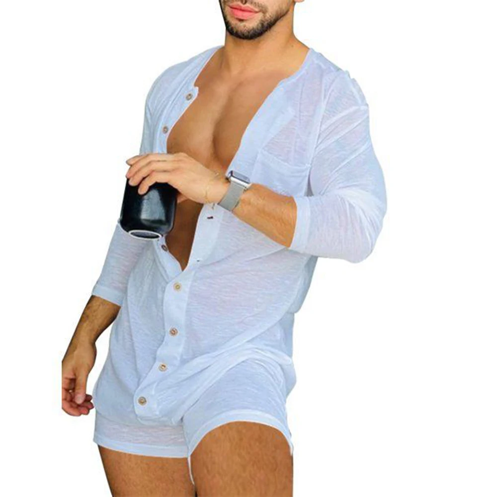 Combinaison moulante transparente à manches longues pour hommes, vêtements de maison en V profond, pyjama à boutons, sous-vêtements sexy, document solide, nouveau