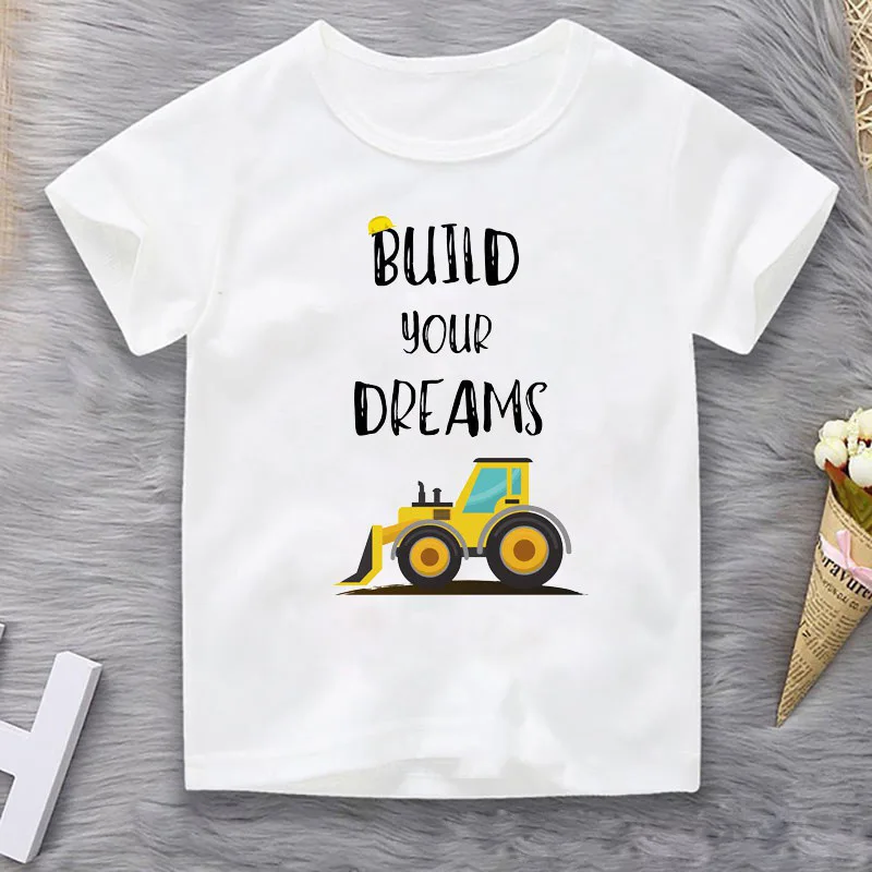 Mainan Bulldozer ekskavator kaus cetak leher bulat keluarga pakaian anak-anak lengan pendek baju anak perempuan pakaian anak-anak laki-laki