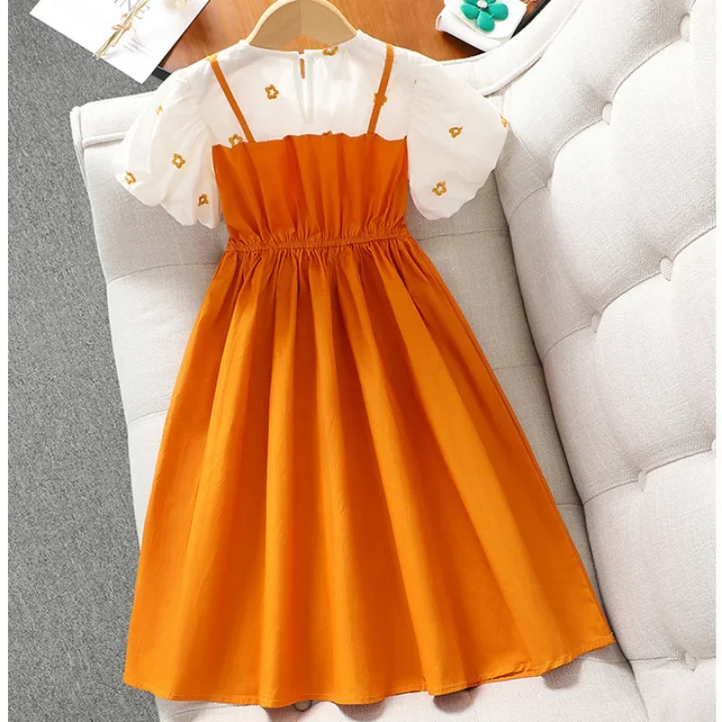 Girls Dress Summer Fashion Kids Dress Fake Two-piece Princess Dresses Children\'s Clothing Bubble Sleeves Girls Clothing 2-14Year