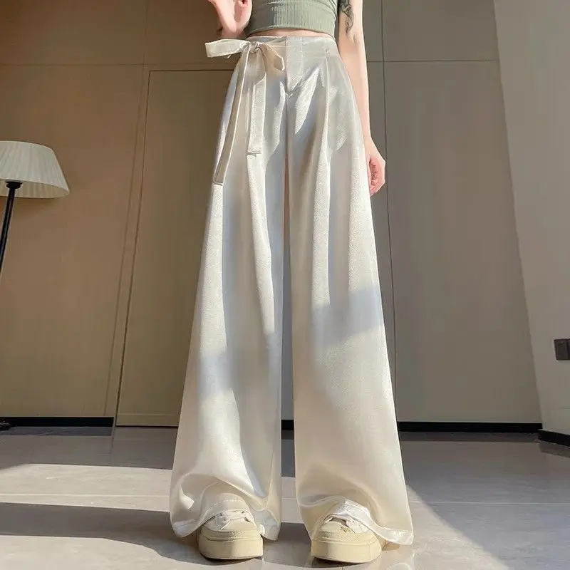 Acetate Satin Suit Wide-leg Pants Women's Summer Thin High Waist Ice Silk Long Pants Ladies Korean Solid Straight Trousers 4XL