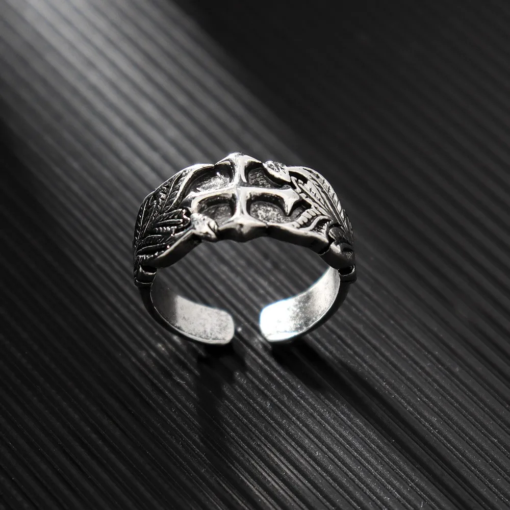 Classic Vintage Cross Leaf Pattern Men\'s Open Ring Adjustable Trendy Punk Party Hip Hop Rock Style Personalized Accessories Gift