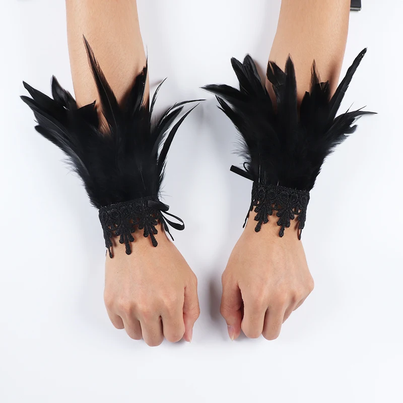 Victoriaanse Kant Veer Nep Kraag En Pols Manchetten Set Gothic Feather Choker Hals Wrap Kraag Veer Handschoenen Cosplay Party Props