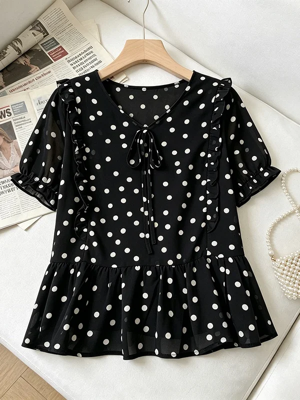 

plus Size Women's Summer Fashion V-Neck Ruffle Hem Chiffon Loose Slimming Meat Covering Top Korean Style Commute Wind