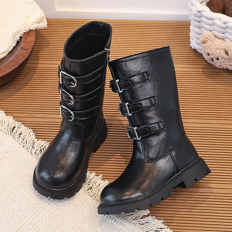 Little Girls Chunky Mid-calf Boots with Buckle Straps 2026 New Winter Kids British Style School Boots Christmas Party Dress Up