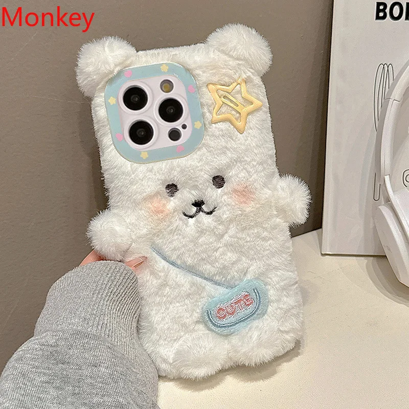 3D Ins Cute Cartoon Backpack Bear iPhone Cases For iPhone 16 Pro Max Case 15 14 Plus 13 12 11 Warm Winter Plush Soft Phone Cover
