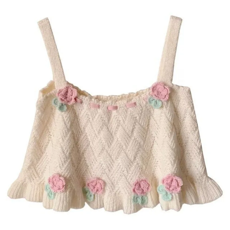 Short Sweater Vests Women Floral Sweet Lovely Embroidery Knitted Spring Summer Tops All-match Loose Female Chic Park Gentle Ins