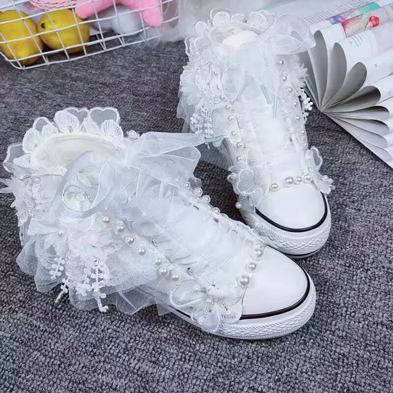 Hand-made high top white inner increase thick soles canvas shoes White pearl ribbon casual shoes large size women 35-40