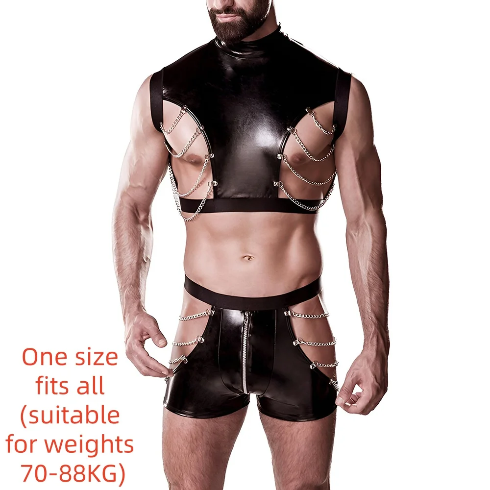 

Men's Sexy Leather-Like Underwear Set Nightclub Performance Outfit with Chain Bondage for Adults