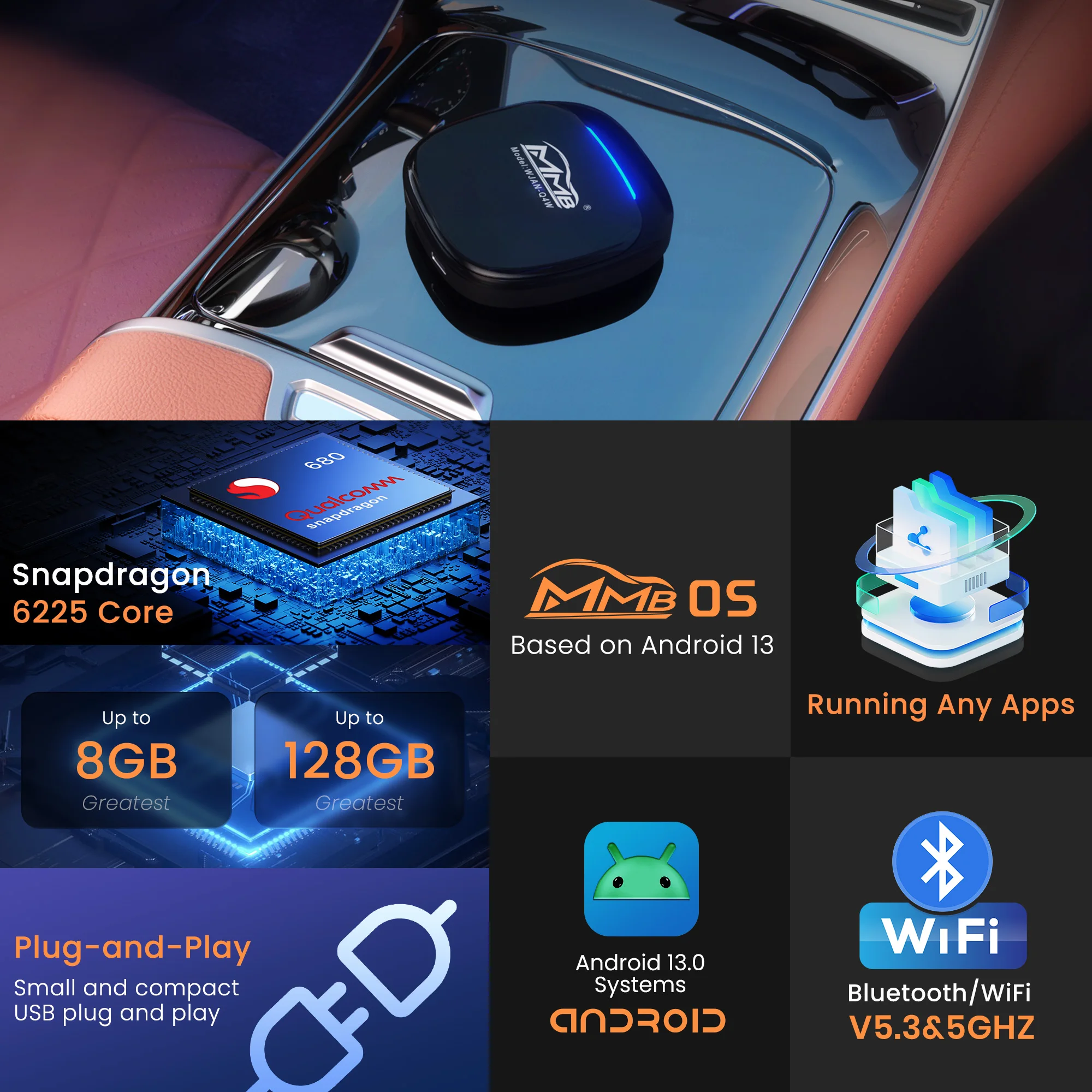 MMB MAX 5.0 CarPlay AI Box Android 13.0 OS QCM6225 8-Core Android Auto Wireless CarPlay Adapter Magic Box 2.4+5G FOTA Upgrade