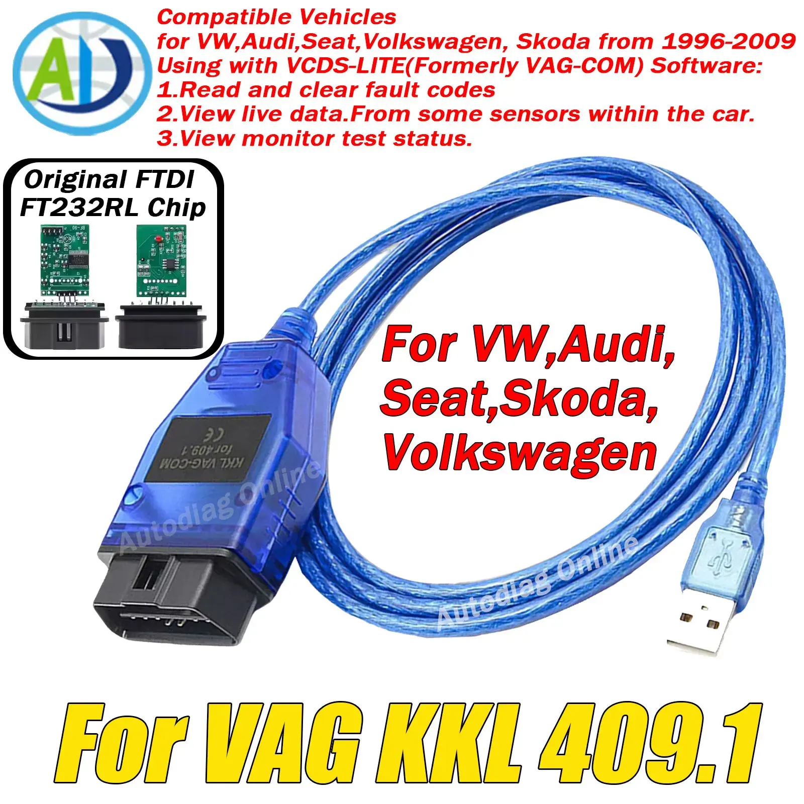 

OBD2 Interface Cable For VAG KKL 409.1 Original FTDI FT232RL For Volkswagen(VW)/Audi/Skoda/Seat OBD2 Car Diagnostic Scanner Tool