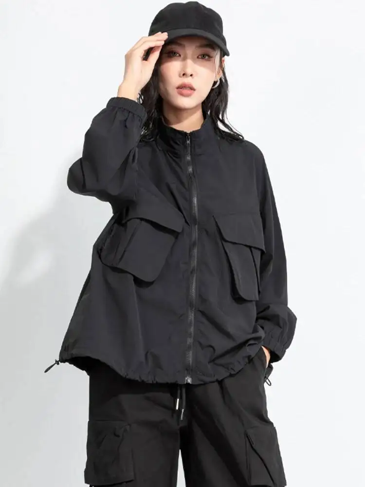 

Black Pocket Drawstring Big Size Jacket New Stand Collar Long Sleeve Women Coat Fashion Tide Spring Autumn