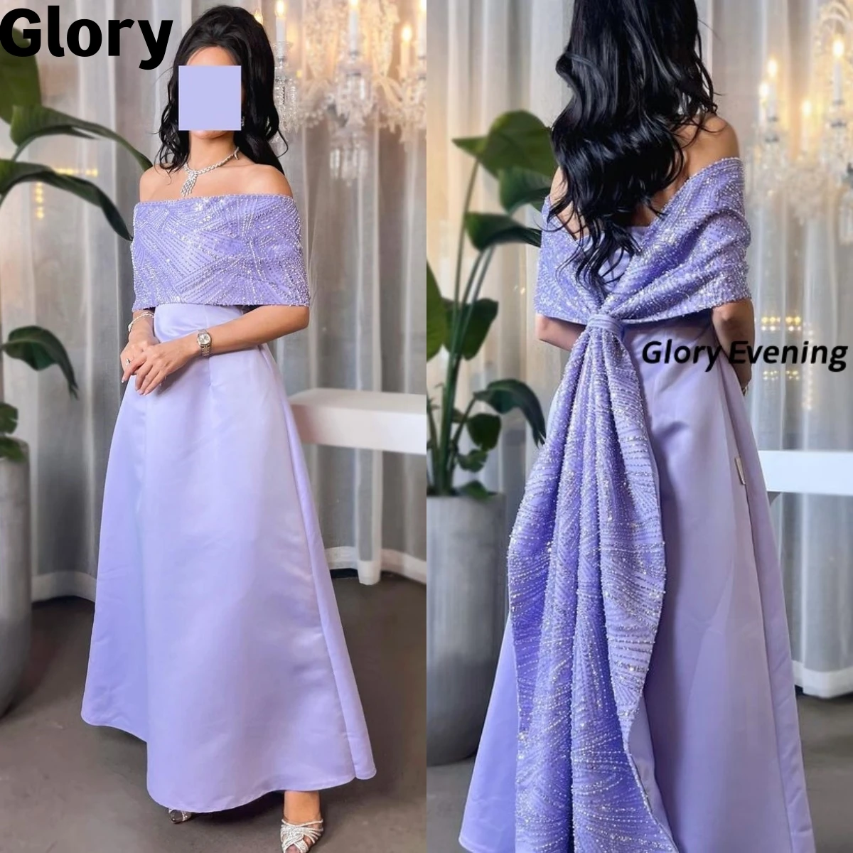 

Light Purple Pearls Sequins Prom Dresses 2023 Off Shoulder 2-Piece Sparkly Saudi Arabia Elegant Formal Occasion Evening Dress