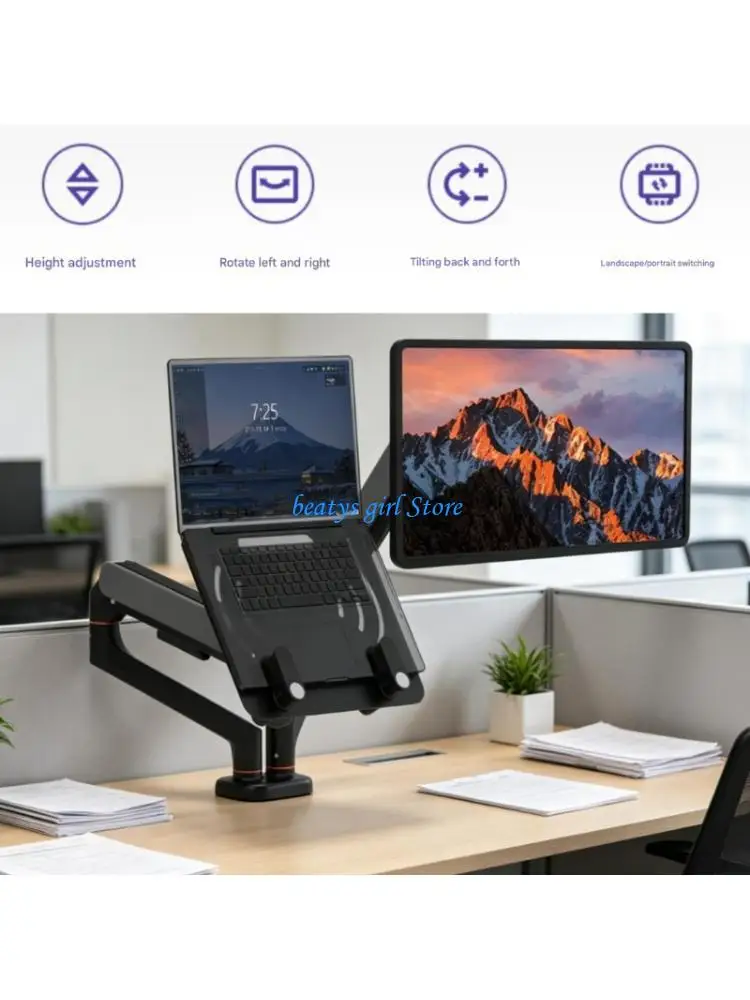 C7AB Desk Mount Monitor and Laptop Arm, Gas Spring Adjustable Stand for Double Device Viewing and Organized Cable Routing