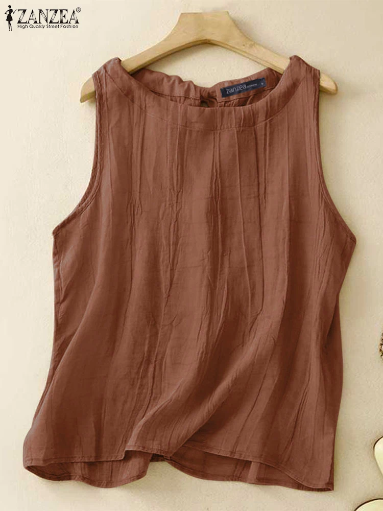 Women Camis Summer Tanks Tops ZANZEA Female Vintage Beach Holiday Blouse Casual Loose Chemise O Neck Sleeveless Shirt Mujer 2024