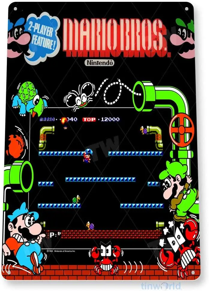 Tinworld TIN Sign 12 x 18 Mario-Bros Arcade Shop Game Room Art Marquee Console Metal Decor A837