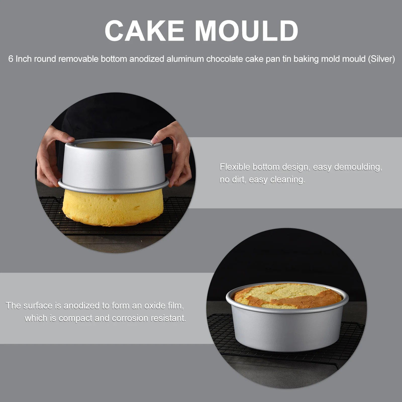 

6 Inch Round Cake Pan Silver Warp Resistant Anodized Aluminum Baking Mold Removable Bottom for Layered and Desserts