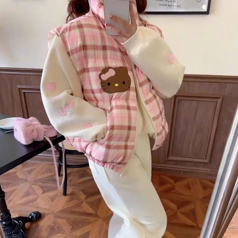 Sanrio Hello Kitty Korean Style Cotton Vest Autumn Winter New Cute Plaid Down Cotton Jacket Vest Sweet Girl Fashion Women Jacket