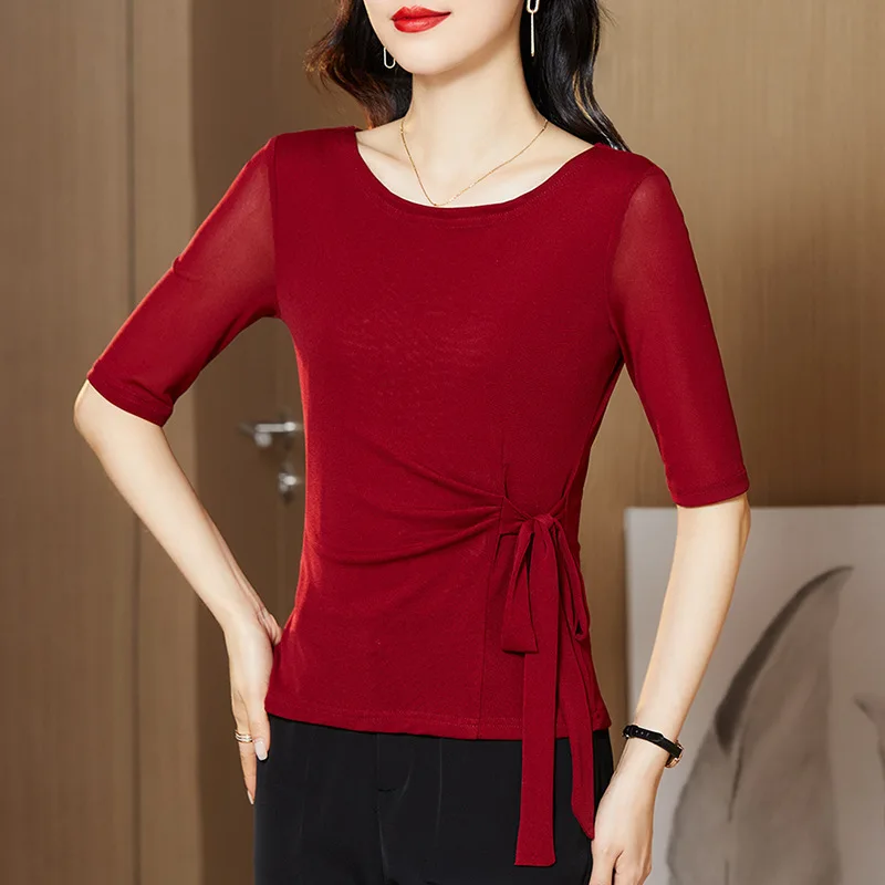 ملابس الرقص النسائية الأعلى ليوبارد طباعة الرباط اللاتينية السامبا الأوسط الأكمام أعلى ممارسة الزي شبكة قميص خط الرقص قمم للنساء