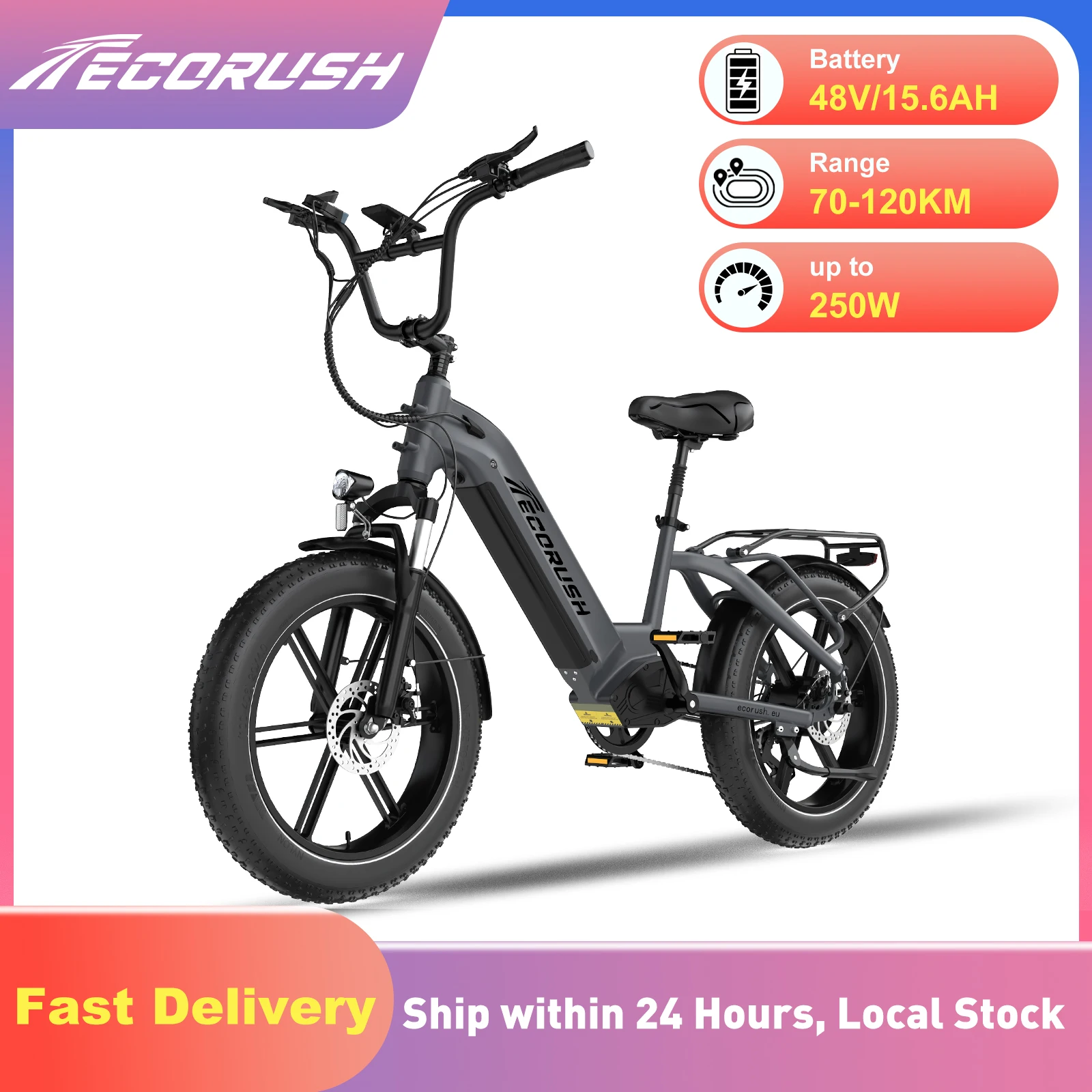 Ecorush Eco R6 Elektrofahrrad, 48V/15,6A Batterie, Hochfester Rahmen, 20×4,0 Zoll Fatbike-Reifen, 7 Gänge