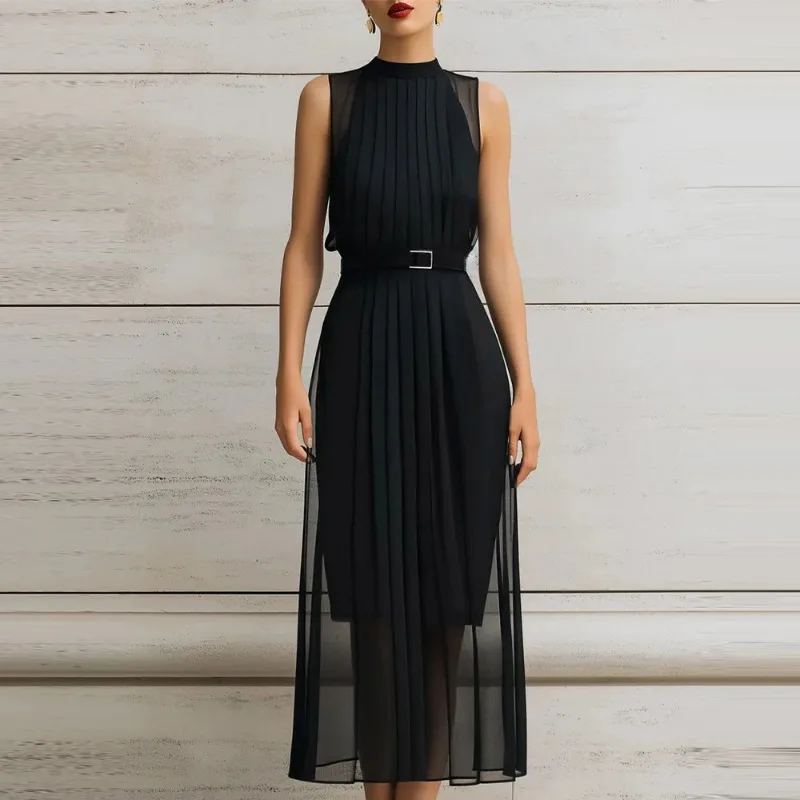 

Dress for Women Fashionable New European and American Slim Fit Spring/summer Mesh Splicing High Neck Sleeveless Temperament