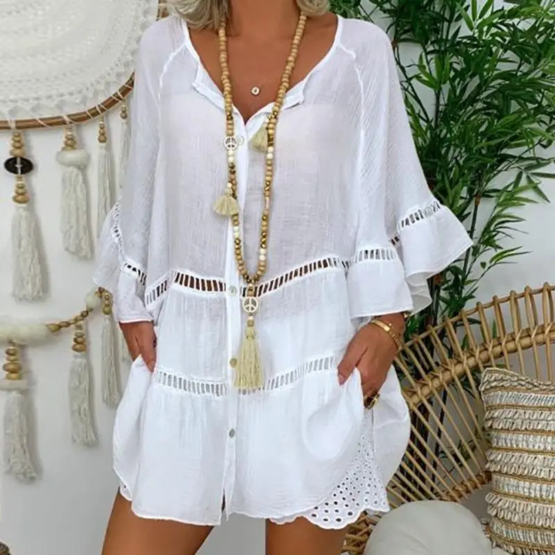 

GELITAYIN Summer New V-neck Hollow Out Casual Shirts Women Fashion Tops Vintage Loose Blouse Women Elegant Flare Sleeve Slim Fem