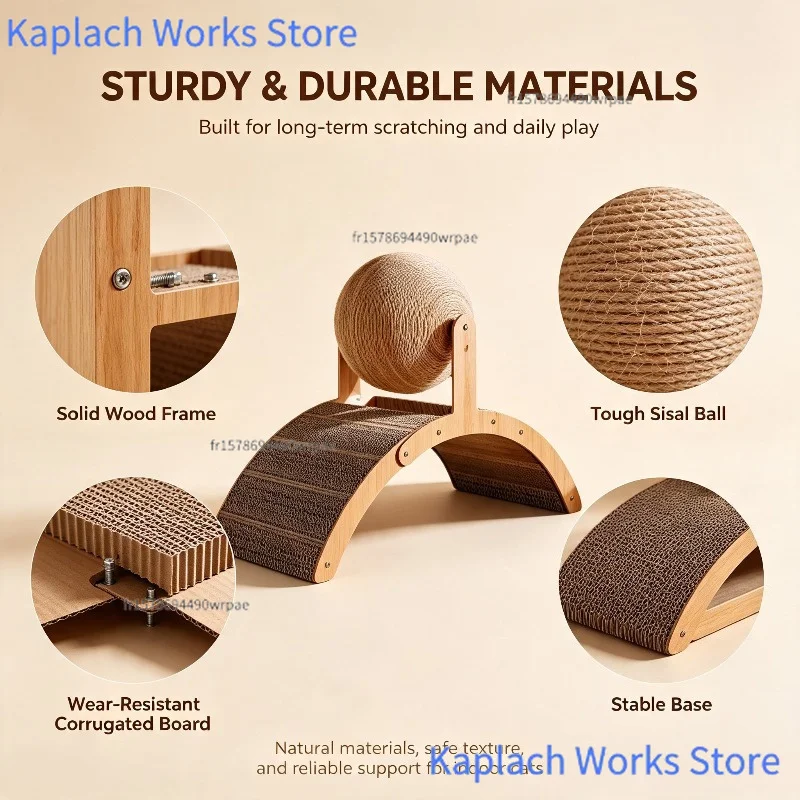 Balle à gratter pour chat en bois 2-en-1, planche à gratter pour chat en bois massif et sisal, jouet résistant à l'usure pour le meulage des griffes, jouet interactif pour chats d'intérieur.