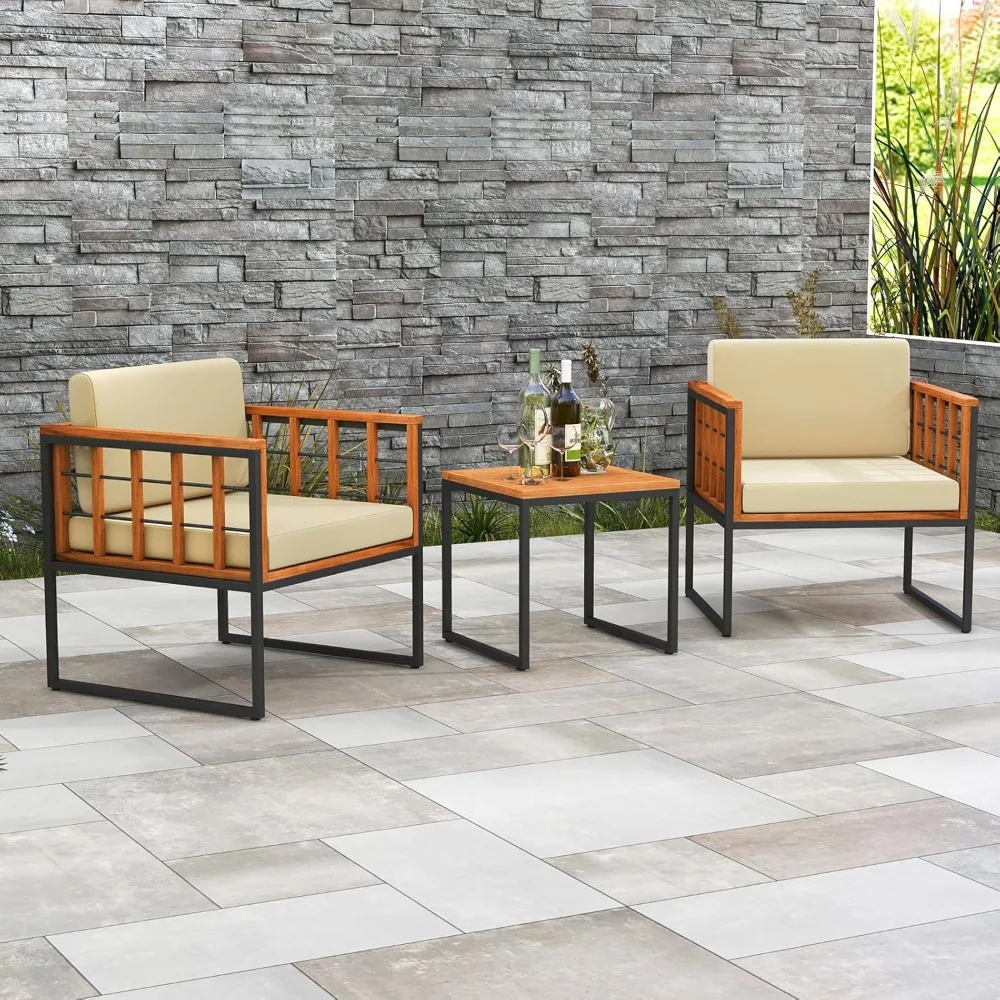 Patio Chair Set, Acacia Wood Outdoor Sofa Set with Metal Support, Soft Seat Porch, Backyard