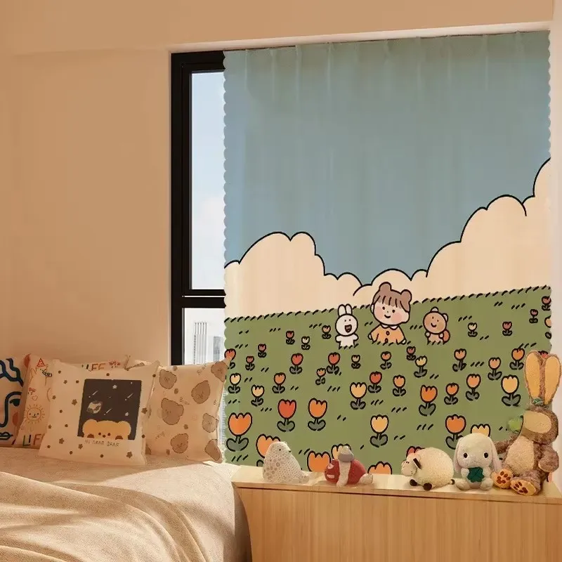 Cartoon Cute Cat Curtain Sticking Curtain Kitchen Bedroom Bathroom Non Punching Partition Dust Shielding Cloth Home Decoration