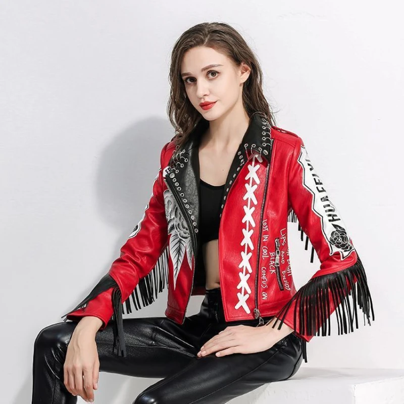 

Rivet Print Women Leather Jacket Goth Graffiti Racing Suit Short Womens Vintage Coats Autumn Winter Tassel Jackets Red Clothes