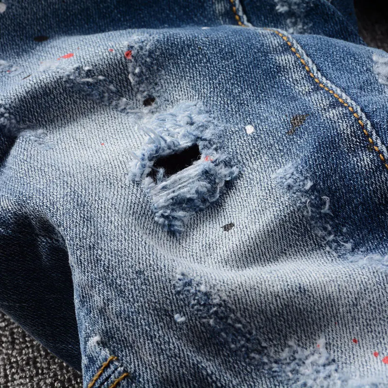 Fashion Designer Men Jeans Retro Washed Blue Elastic Slim Painted Ripped Jeans Men Spliced Hip Hop Vintage Denim Pants Hombre