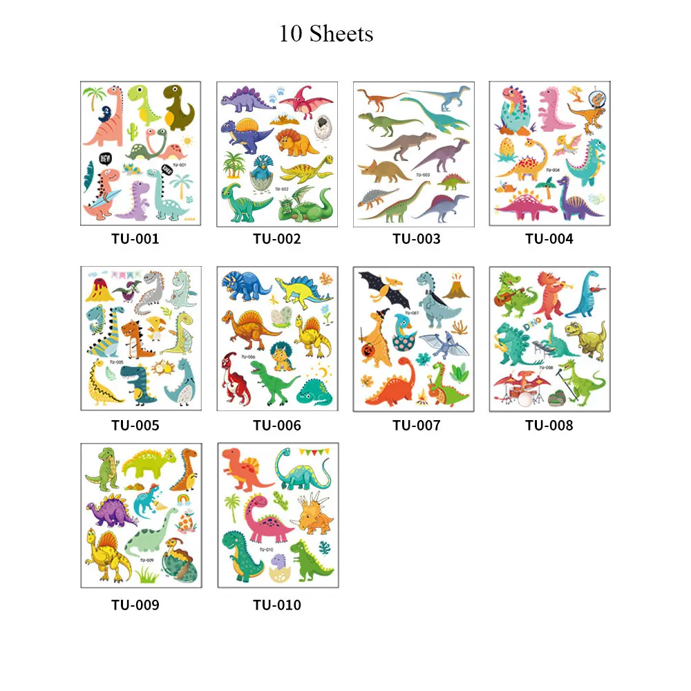 Временные тату-наклейки в виде динозавра для детей, 10 листов, водонепроницаемые Мультяшные животные, имитация татуировки для детей, женщин, мужчин, украшение для тела