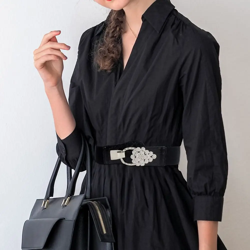 Women Ladies Crystal Swan Wide Women Black Cinch Waist Belt Elastic Stretch Gift