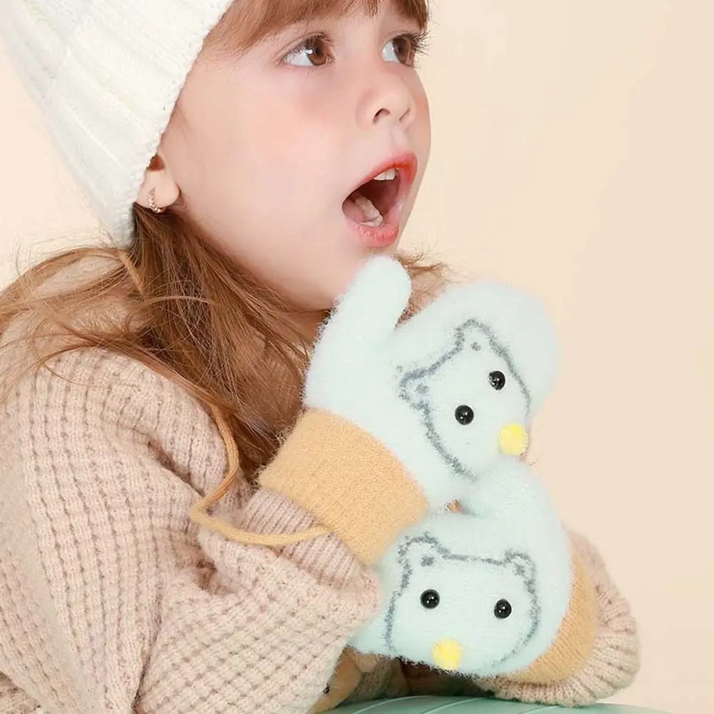 Keep Warm 3-6 Years Kids Thick Plush Cartoon Bears Full Finger Mittens Hanging Neck Gloves Kids Gloves Children Gloves