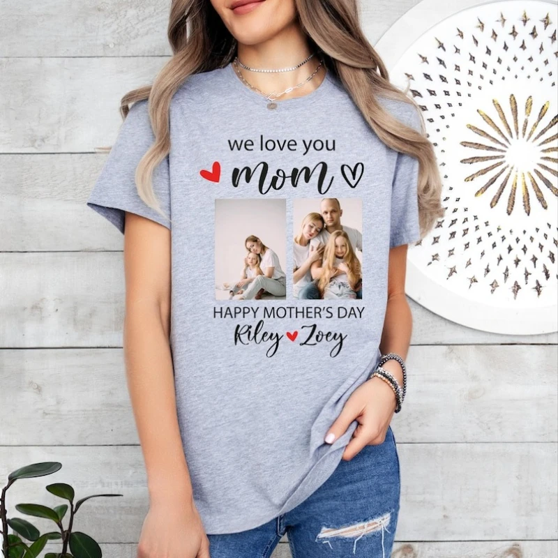 Happy Mother's Day Shirt Personalized Mom Picture T-Shirt Birthday Gift New First Printed T-shirt Tops Crewneck Short-sleev