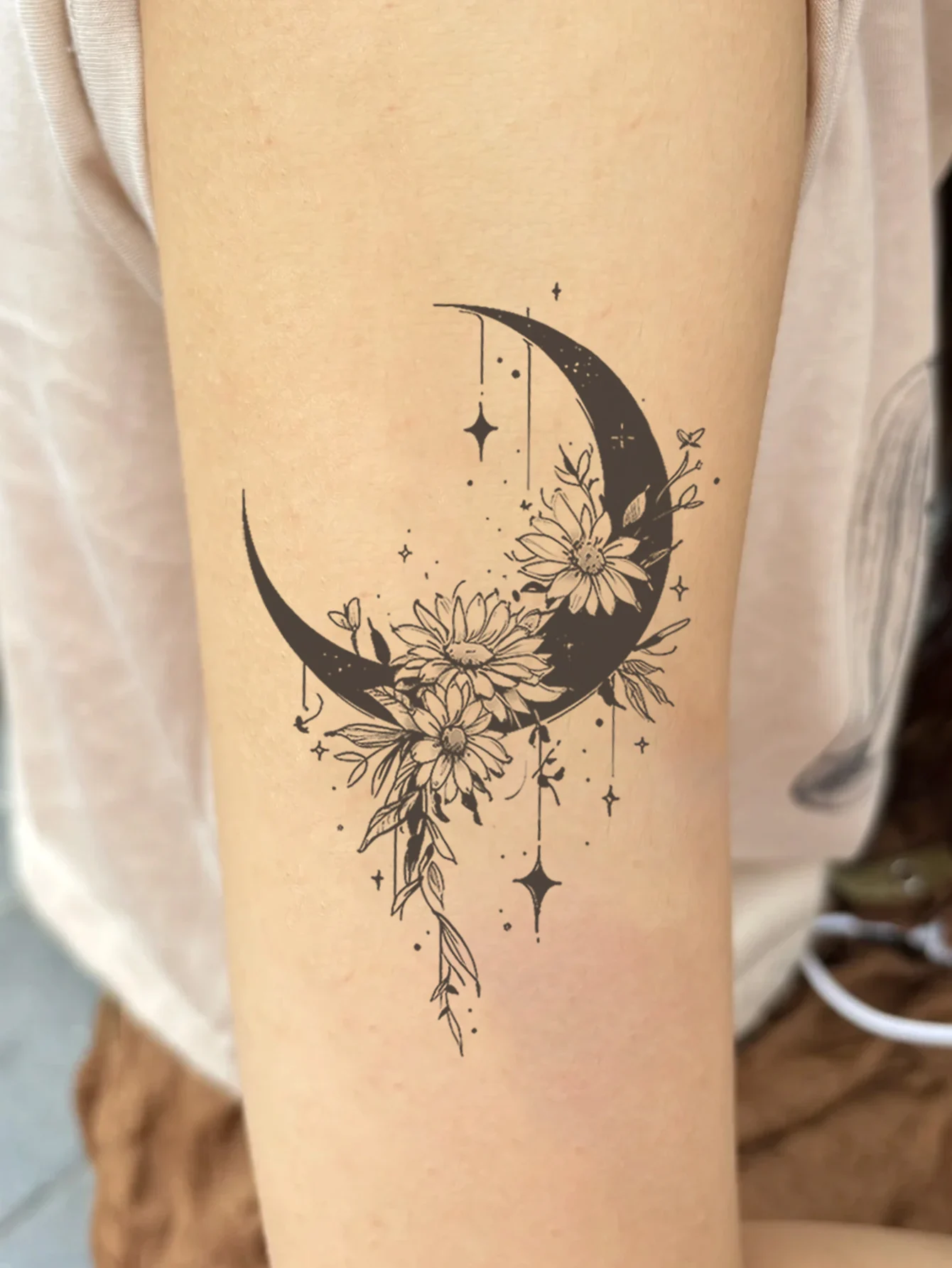 Crescent moon, black moon, and flowers arm waterproof temporary tattoo sticker, lasts 1-2 weeks, realistic fake tattoo