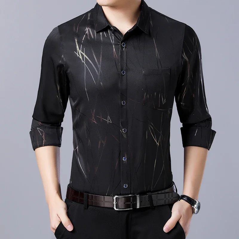 Kemeja kerah bercetak lengan panjang pria, untuk mode musim semi musim gugur nyaman tanpa disetrika