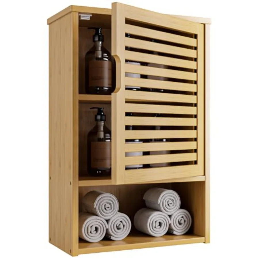 

Bathroom Wall Cabinet Medicine Cabinet Over the Toilet Bamboo Hanging Storage Organizer with Single Door and Open Bottom Shelf