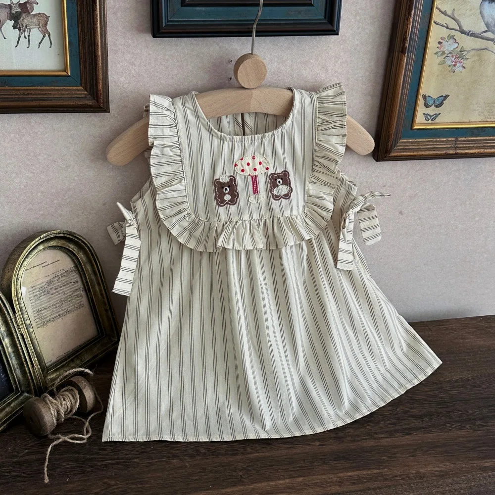 2026 Summer New Baby Girl Sleeveless Striped Dress Cute Infant Bear Embroidery Vest Dress Girls Princess Dress Toddler Clothes