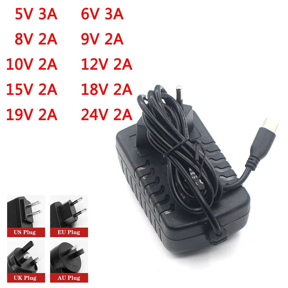 5V 6V 8V 9V 10V 12V 15V 18V 19V 24V 2A 3A przełącznik ładowarki typu C DC Adapter do ładowania ładowarka sieciowa EU/US/UK/AU wtyczka