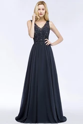 Elegant Navy Blue Chiffon V Neck Evening Dresses Lace Beaded Crystal Sleeveless Formal Party Prom Gowns Vestido De Fiesta Bride