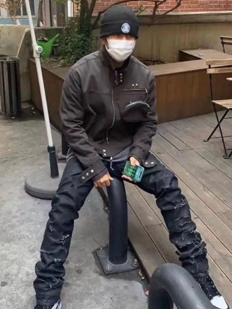 

RA Bla Wax Straight Leg Men's Jeans Destroyed Bru Glue Wax Coating High Street GD Casual Wear Youth Faion Cotton Denim