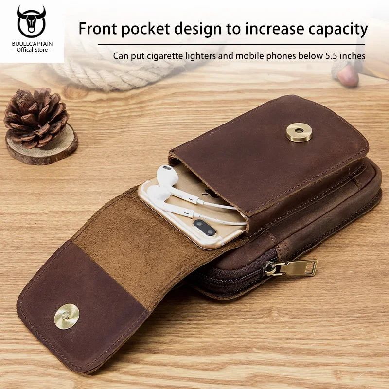 BULLCAPTAIN Men\'s Genuine Leather Waist Bag Retro Casual 6.7-Inch Mobile Phone Bag Multifunctional Double Layer Waist Bag