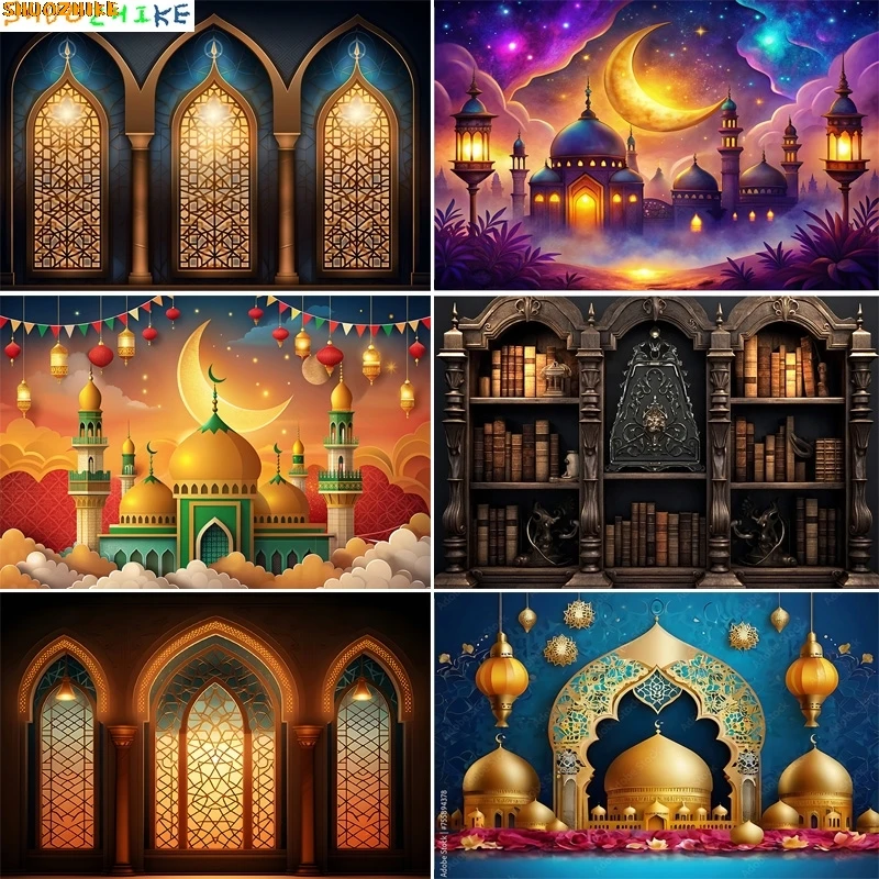 

Ramadan Eid Kareem Mubarak Islamic New Year Moon Lanterns Background Arabic Palace Candles Mosque Photography Backdrops EI-05