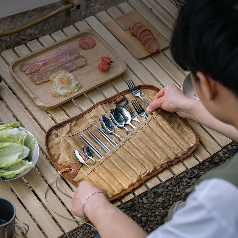 

Camping Cutlery Set Storage Bag Stainless Steel Spoon Chopsticks Fork Canvas Outdoor Cutlery Storage
