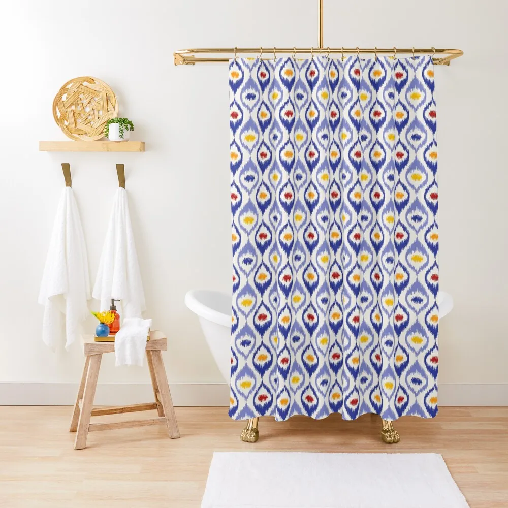 

Ikat pattern, blue ogee shapes with red, yellow, orange Shower Curtain Modern Accessory Bathrooms Anime Shower Curtain