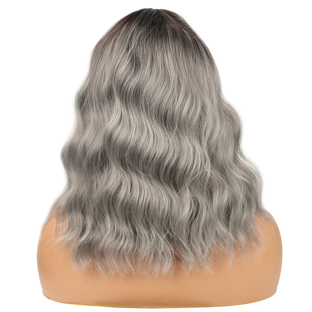 Ombre สีเทาวิกผมสังเคราะห์ผม U ลูกไม้ด้านหน้าสั้น Curly Wavy Wigs สําหรับสุภาพสตรีทุกวันเครื่องแต่งกายคอสเพลย์ปาร์ตี้ทนความร้อน